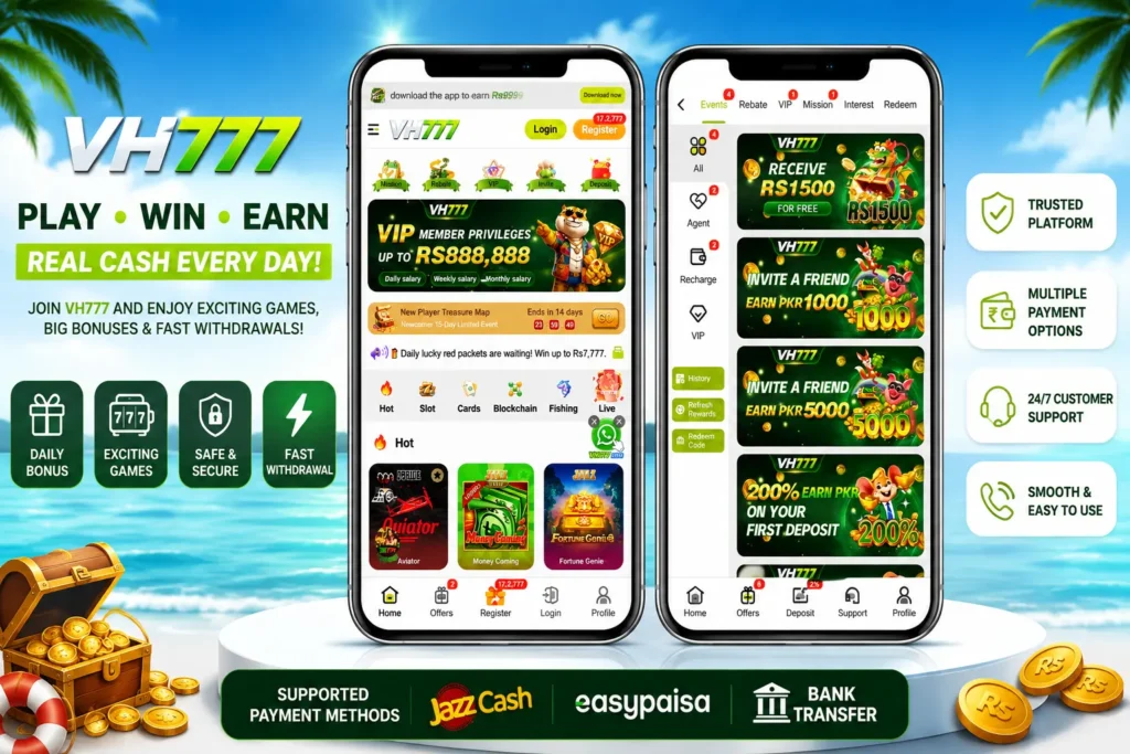 VH777 Game home screen showing casino games, rewards, VIP options, and promotional features for Pakistani users.